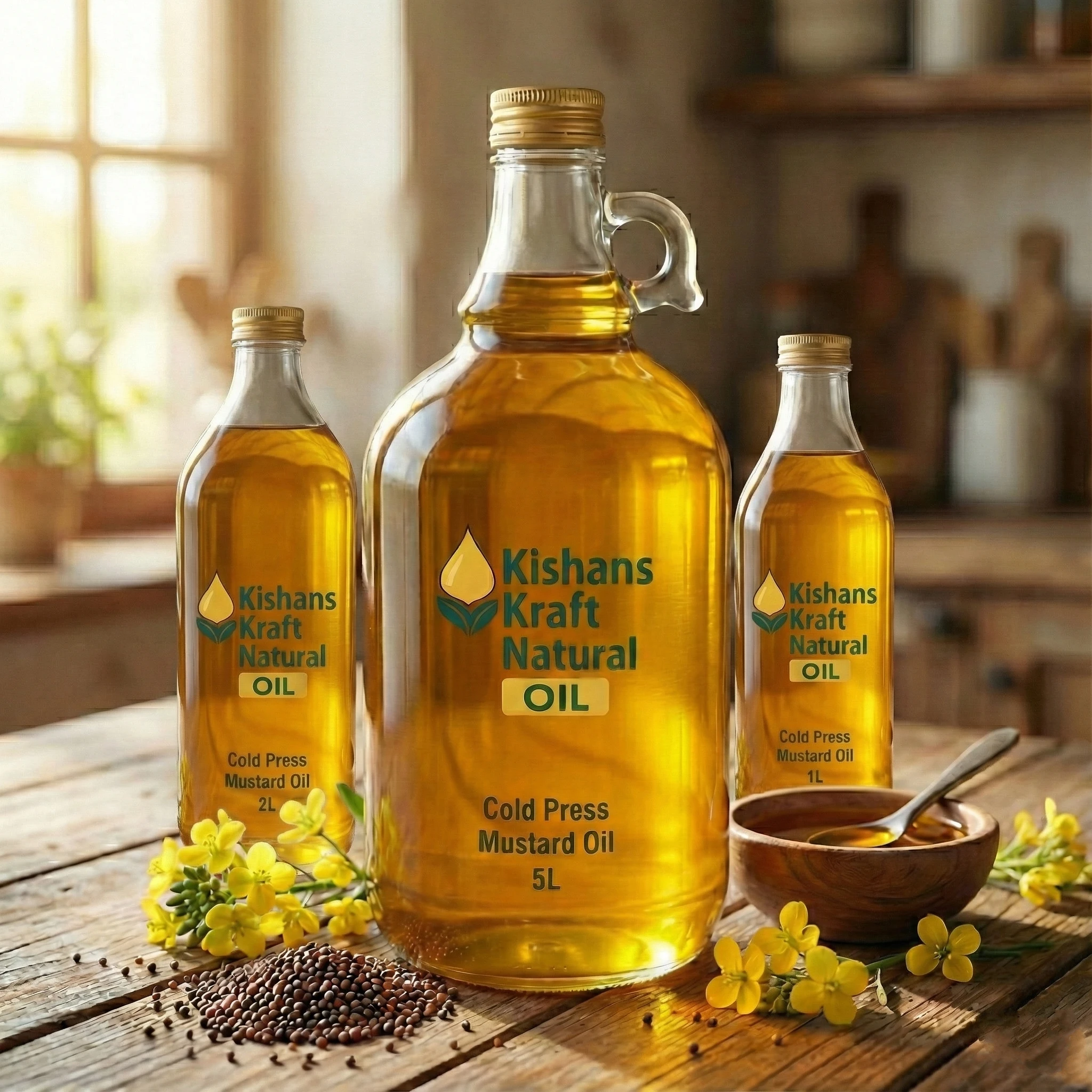 KishansKraft Pure Mustard Oil Bottles - 1L, 2L, and 5L sizes